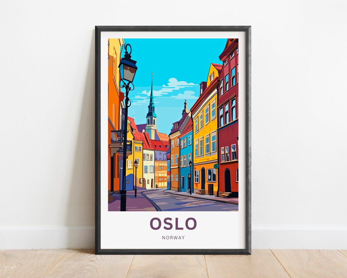 Oslo Norway Old Town Street Church Spire Vintage Travel Poster