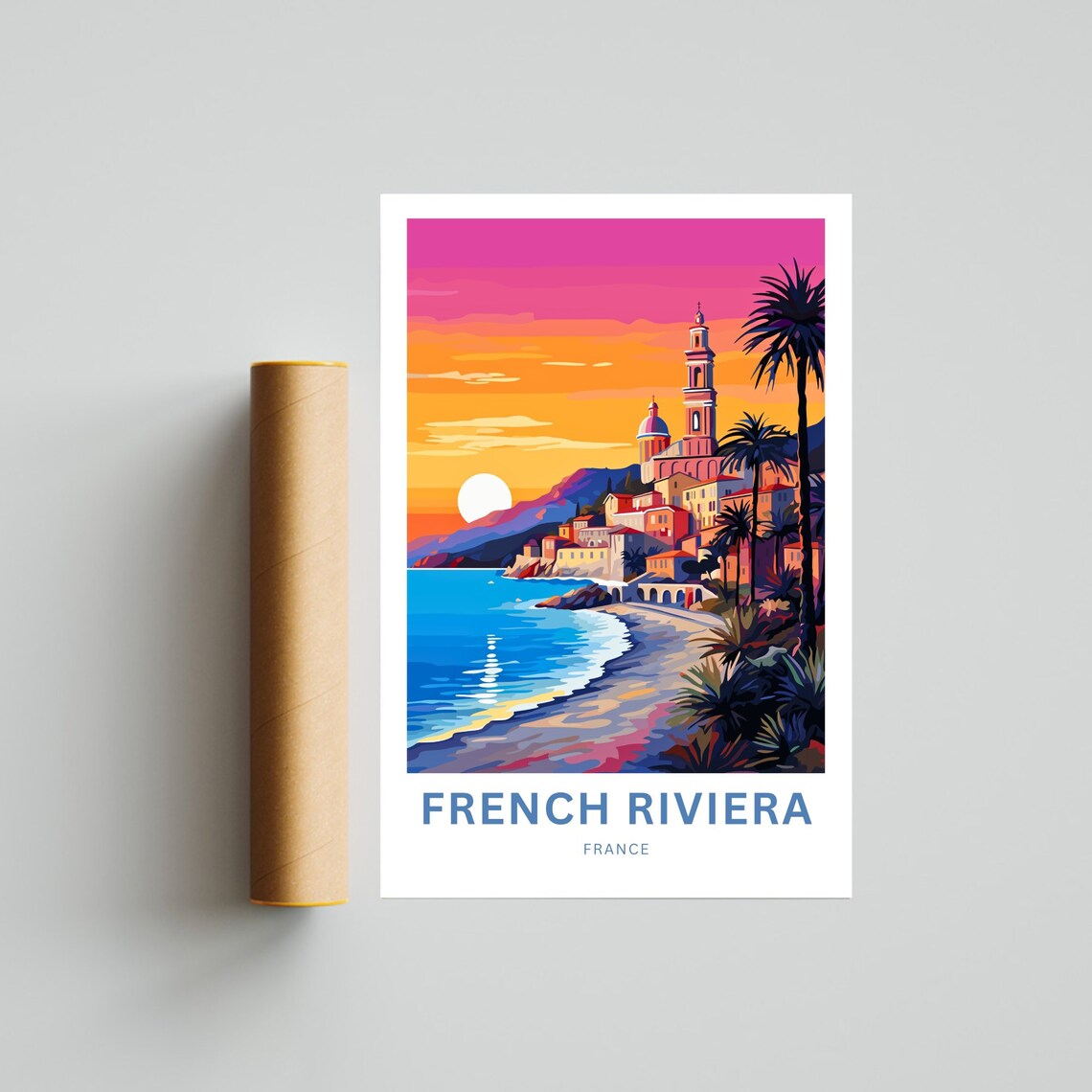 French Riviera France Travel Poster Sunset Coastal Town Palm Beach Art - Image 4