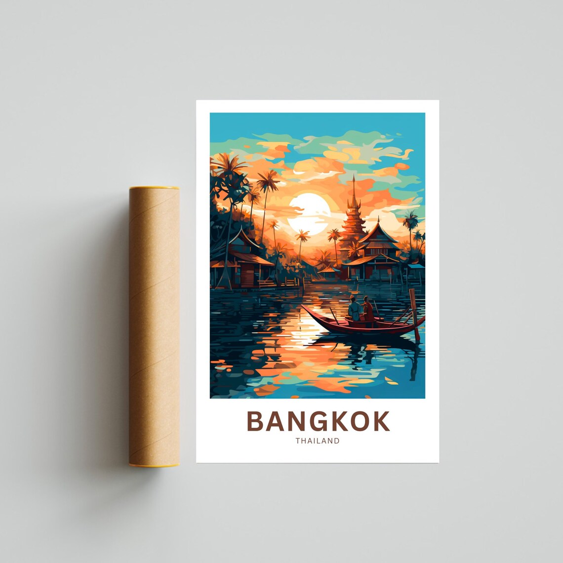 Bangkok Thailand Sunset River Boat and Temples Golden Travel Poster - Image 4