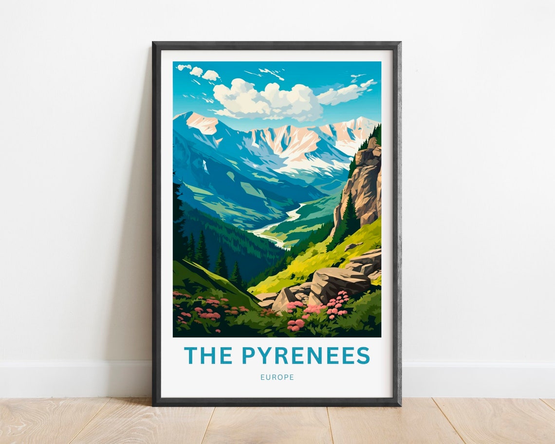 The Pyrenees Europe Snowy Mountain Valley Vintage Travel Poster