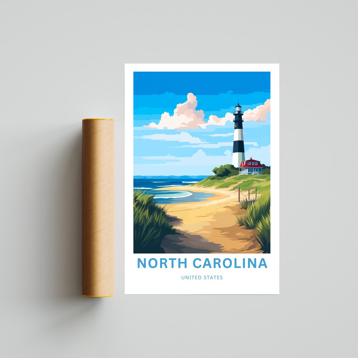 North Carolina United States Travel Poster Lighthouse Beach Dunes Art - Image 4