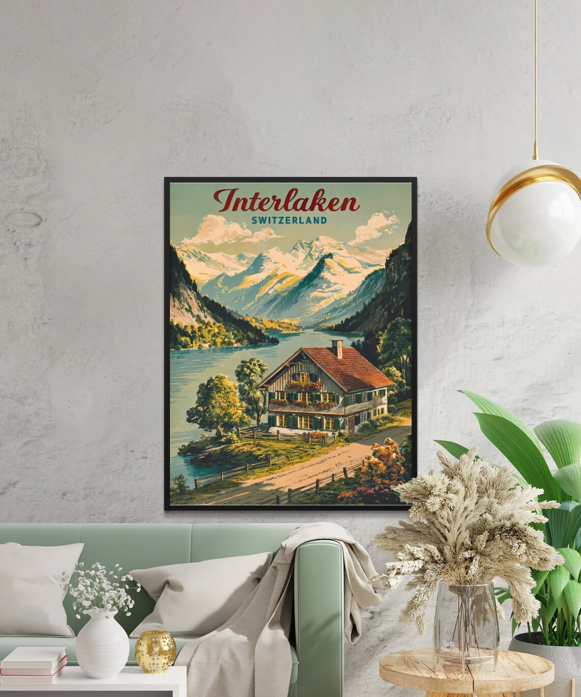 Interlaken Switzerland Lakeside Cottage Vintage Travel Poster Scene - Image 2