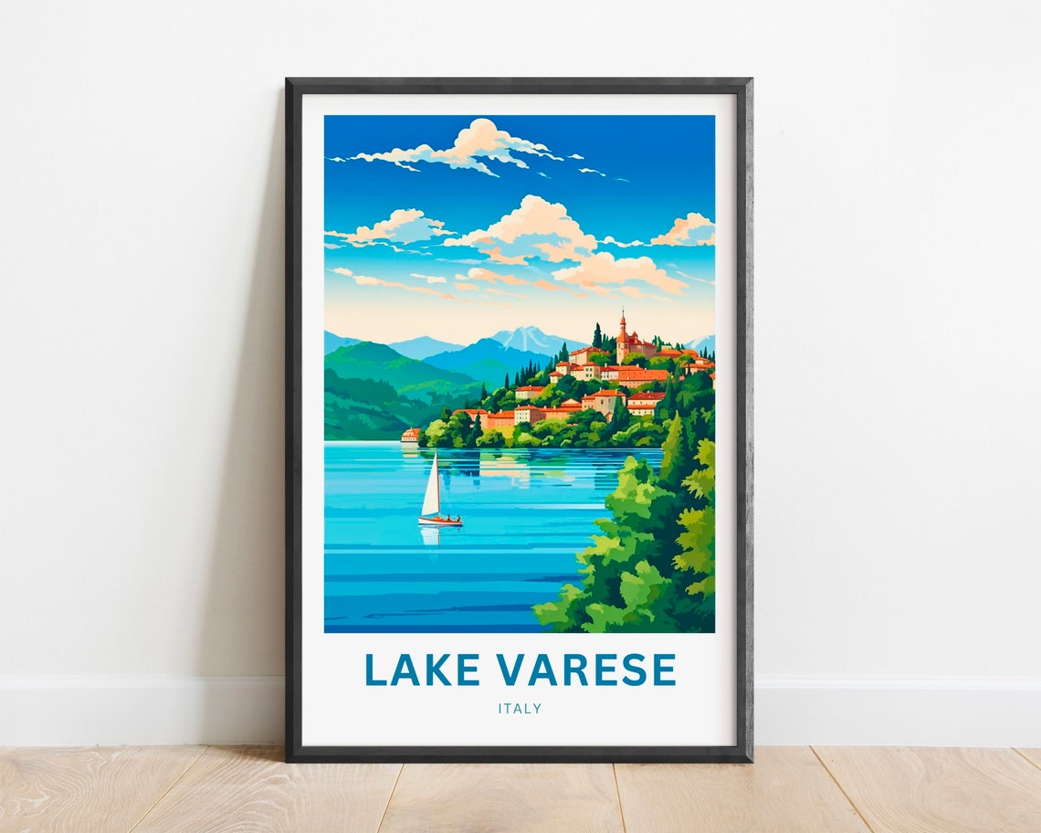 Lake Varese Italy Scenic Hillside Town Sailboat Travel Poster