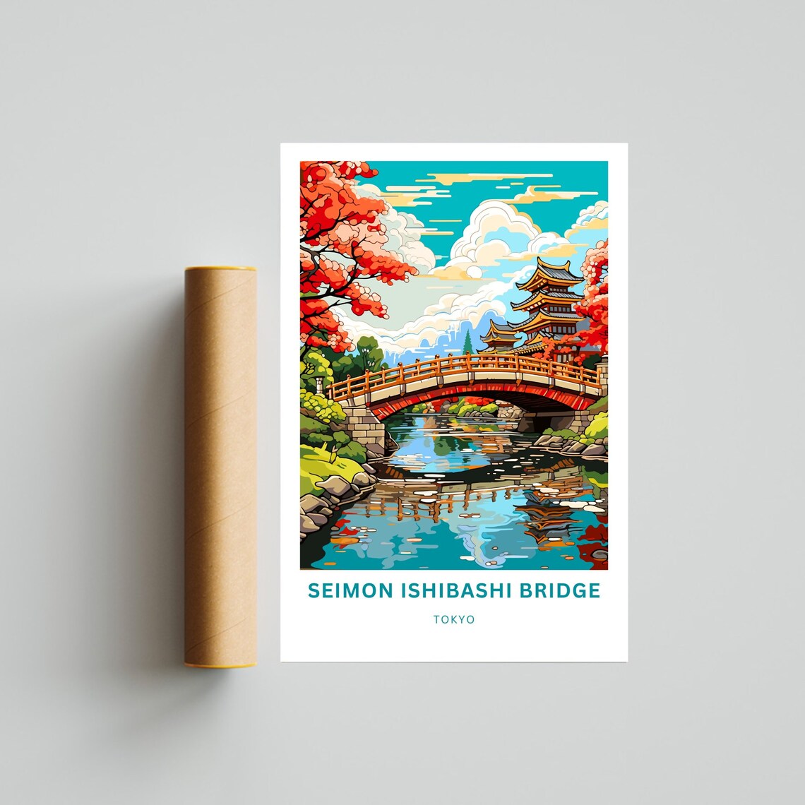 Seimon Ishibashi Bridge Tokyo Red Arch Bridge Temple Travel Poster - Image 4