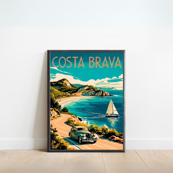 Costa Brava Spain Coastal Sailboat Vintage Classic Car Poster