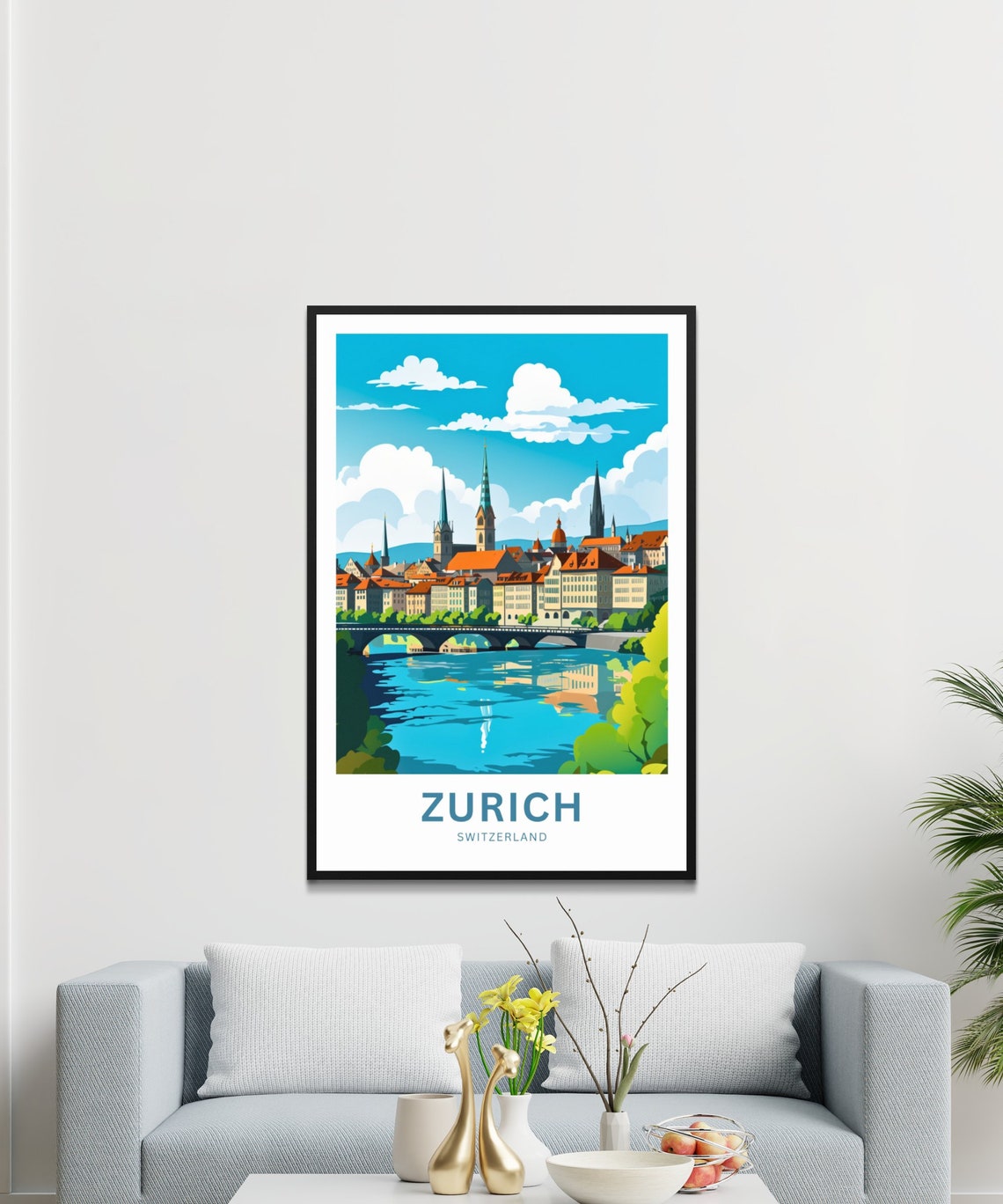 Zurich Switzerland River Old Town Spires Bridge Travel Poster - Image 2
