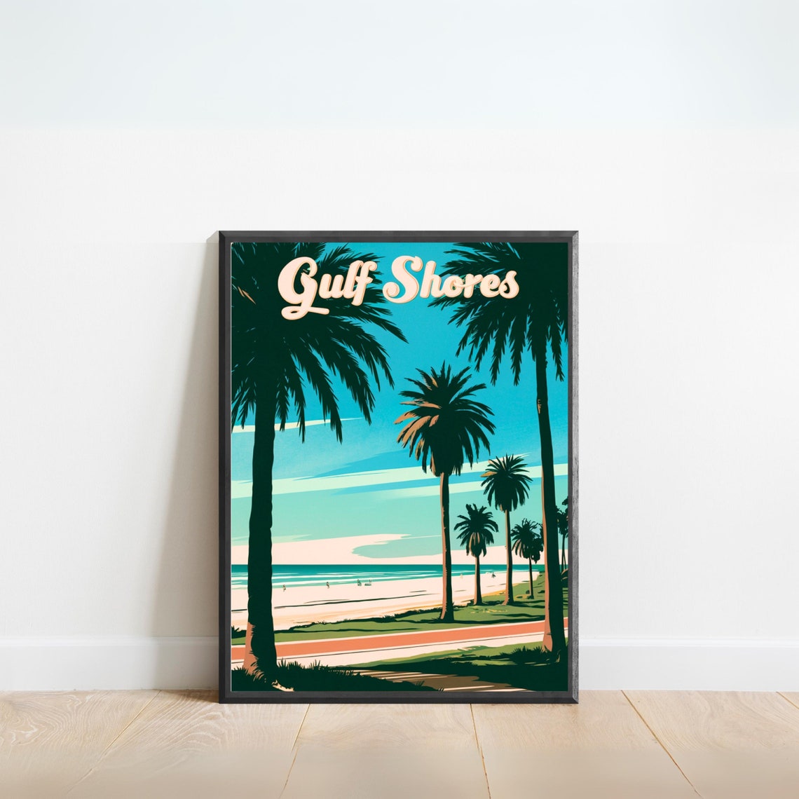 Gulf Shores Retro Palm Beach Vintage Coastline Travel Poster