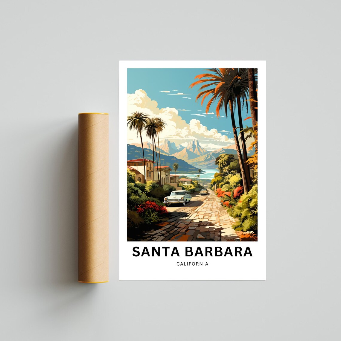 Santa Barbara California Palm Lined Street Vintage Cars Travel Poster - Image 4
