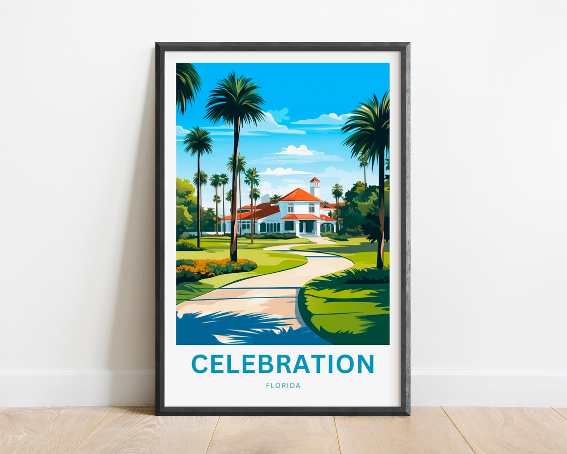 Celebration Florida Palm Trees White Manor Path Garden Travel Poster