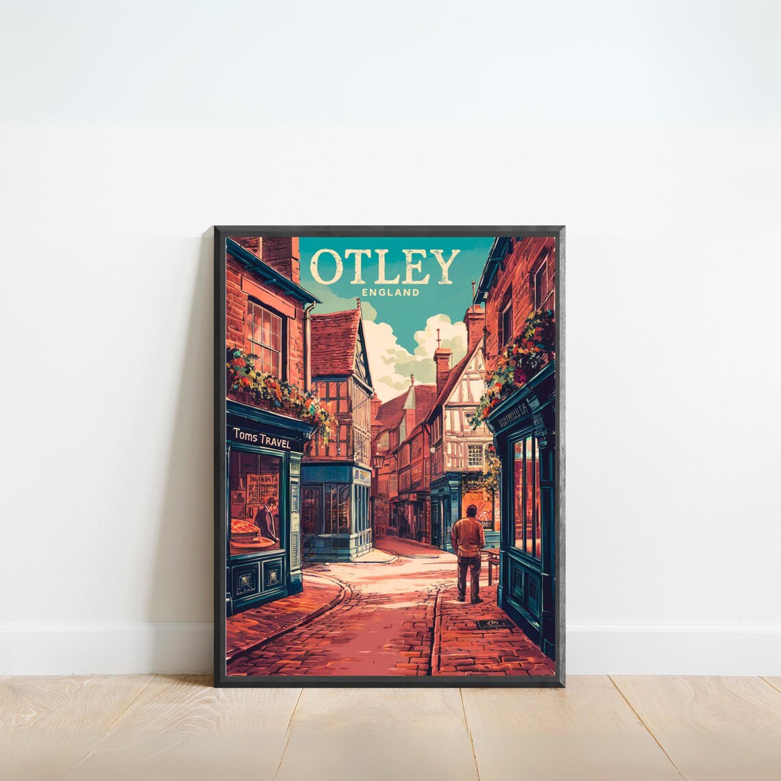 Otley England Historic Cobbled Street Shops Vintage Travel Poster