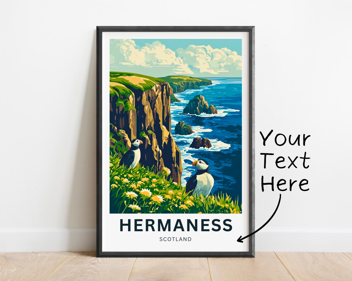 Hermaness Scotland Puffins on Clifftop Overlooking Sea Stacks Poster - Image 2