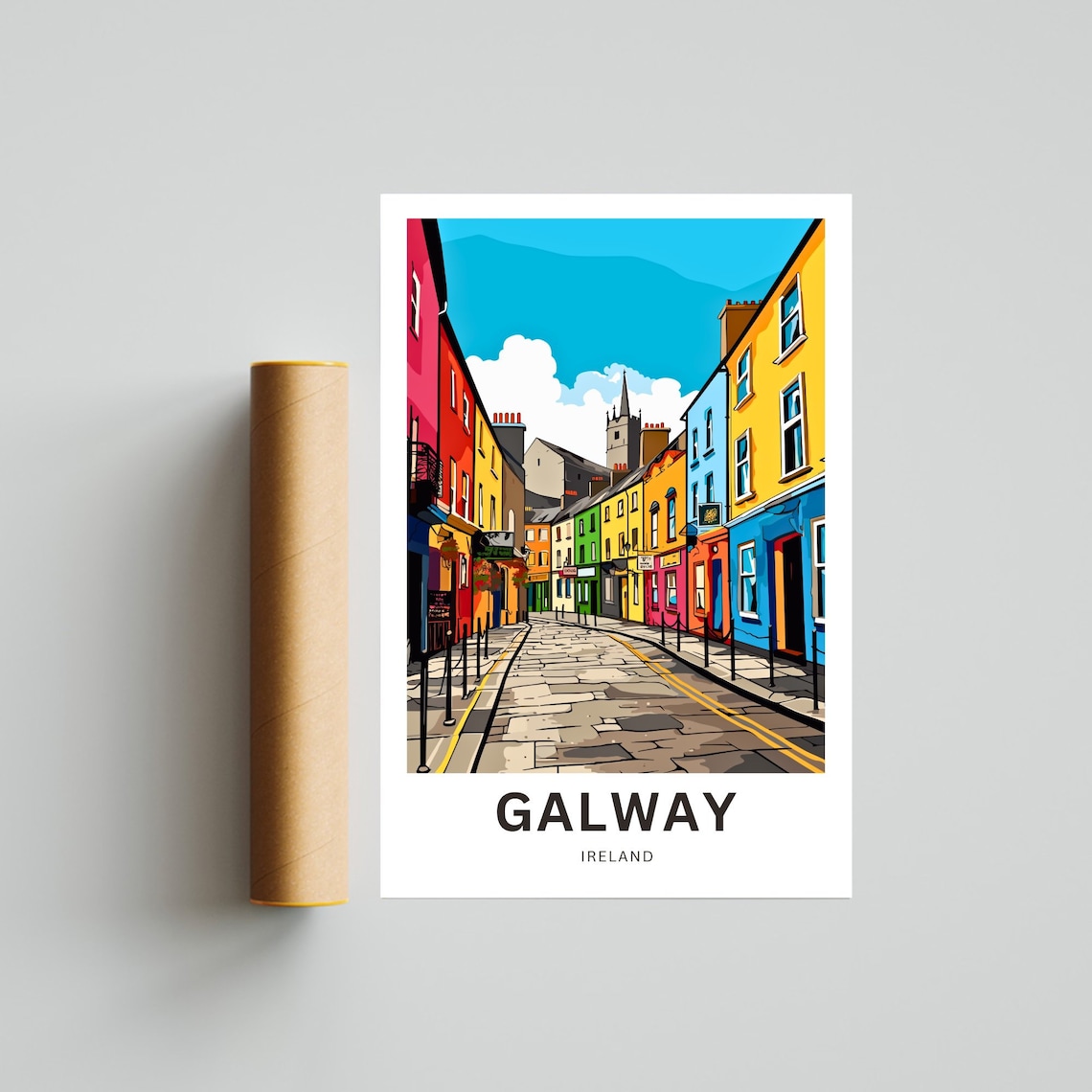 Galway Ireland Rainbow Painted Street and Church Spire Poster - Image 4