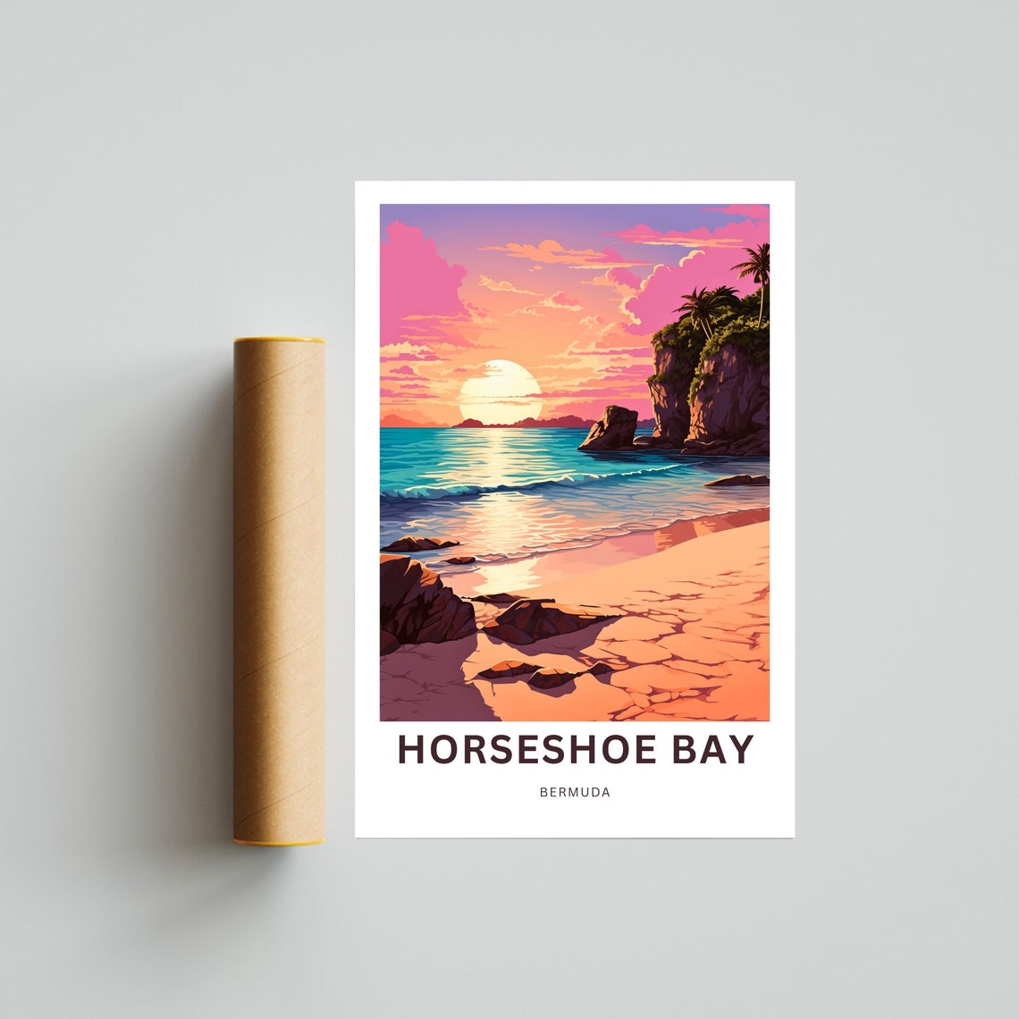 Horseshoe Bay Bermuda Sunset Beach Palm Cliffs Custom Travel Poster - Image 4