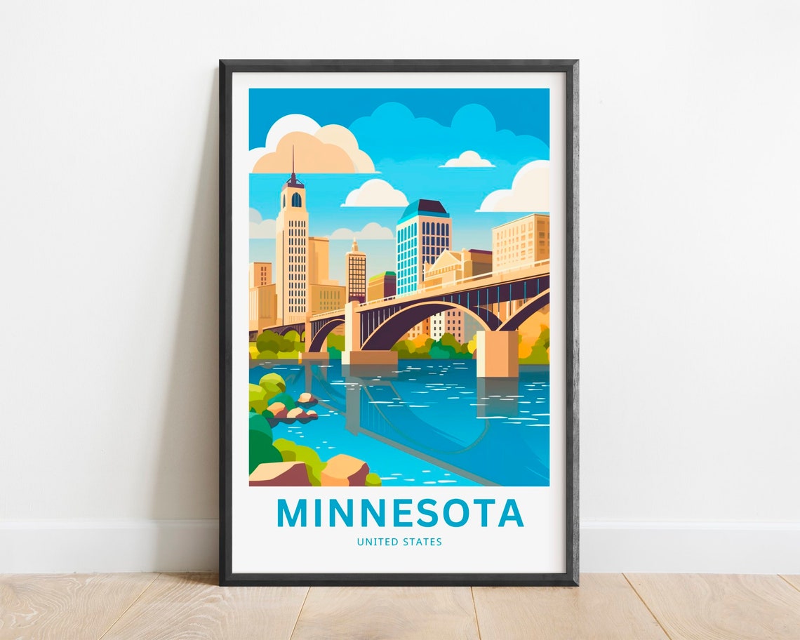 Sunny Minnesota River City Skyline Arch Bridge Travel Poster Gift