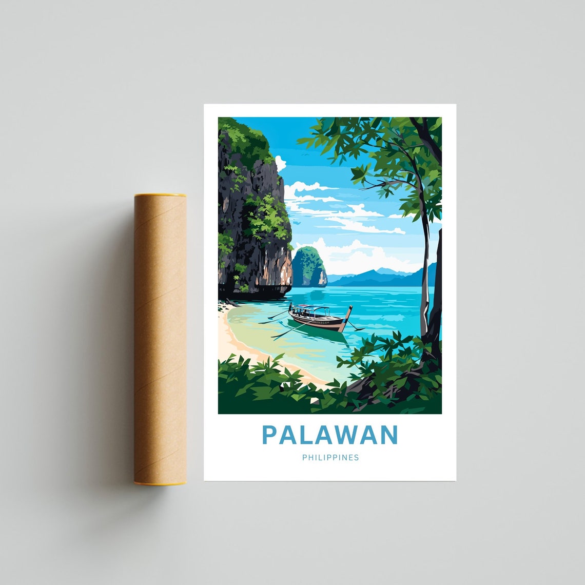 Personalized Palawan Philippines Travel Poster Longtail Beach Boat Art - Image 4