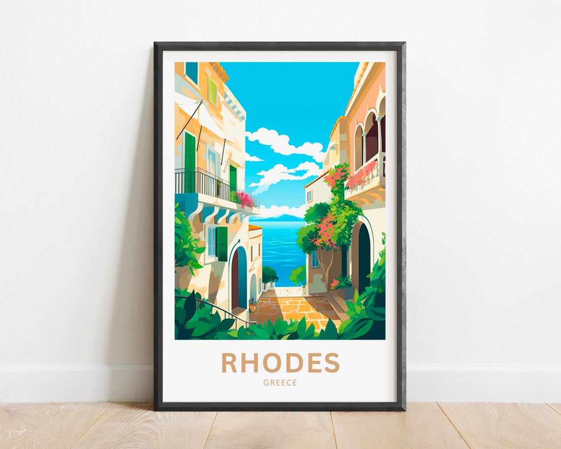Rhodes Greece Old Town Street Sea View Flower Alley Travel Poster