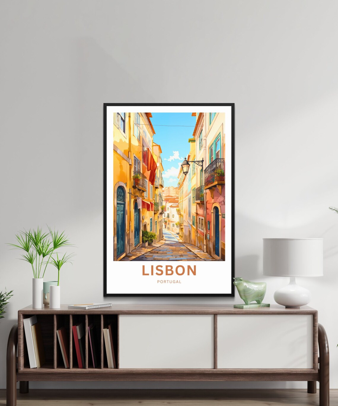 Lisbon Portugal Sunlit Old Street Lamp Posts Vintage Travel Poster - Image 2