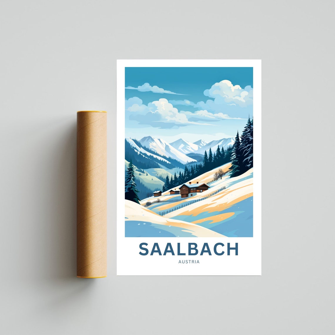 Personalized Saalbach Austria Snowy Pines Cabins Winter Poster - Image 4