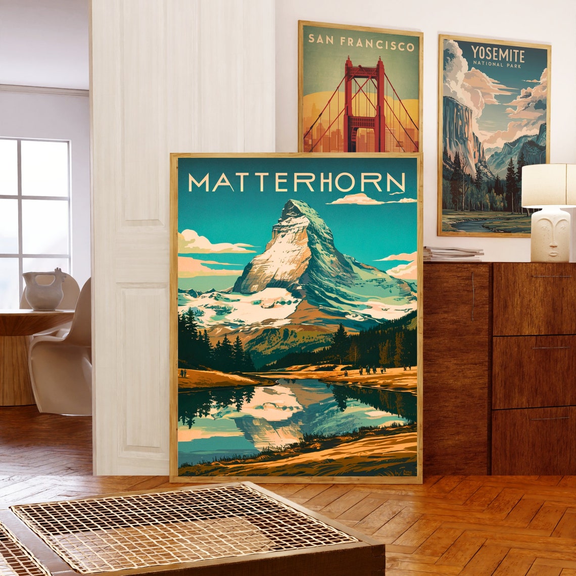 Matterhorn Swiss Alps Snow Peak Lake Reflection Hikers Vintage Poster - Image 5