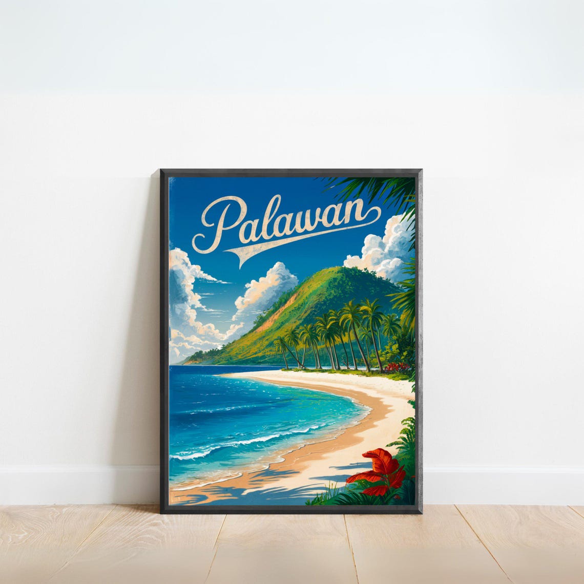 Palawan Philippines Vintage Beach Palms Turquoise Sea Travel Poster