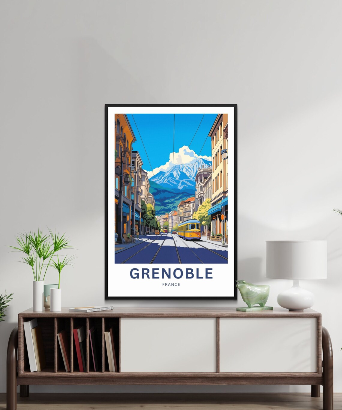 Personalized Grenoble France Tram Street and Snowy Alps Custom Poster - Image 2