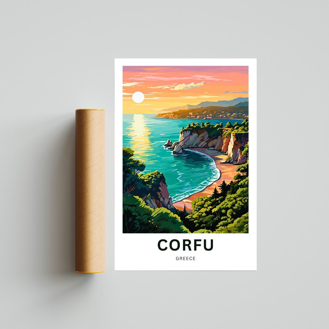 Corfu Greece Golden Sunset Beach Cliffs and Pine Forest Travel Poster - Image 4