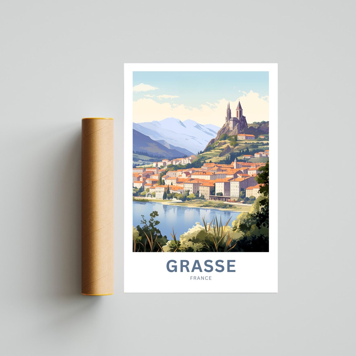 Grasse France Hilltop Cathedral Town Above the Lake Travel Poster - Image 4