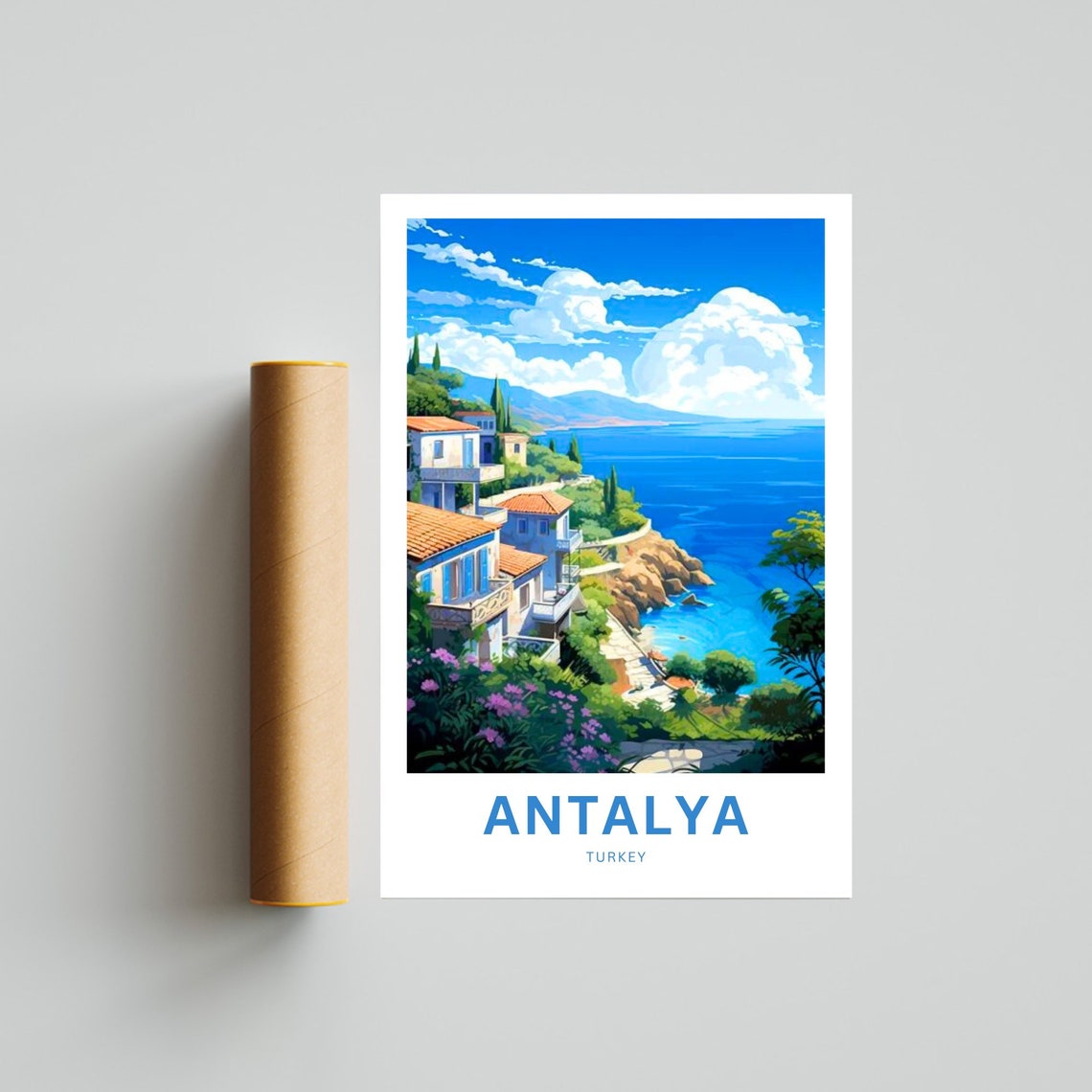 Antalya Turkey Poster with Mediterranean Cliffside Homes and Sea Art - Image 4