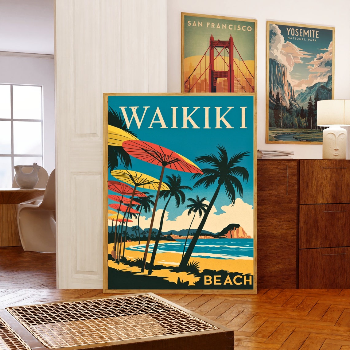 Waikiki Beach Hawaii Vintage Tropical Palm Umbrellas Paradise Poster - Image 5
