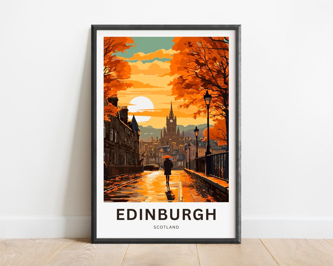 Edinburgh Scotland Autumn Sunset Street Vintage Travel Poster