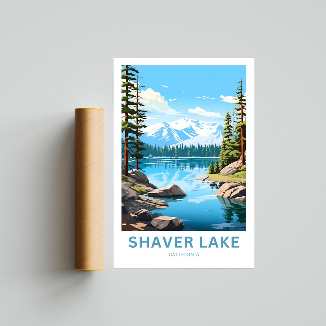Shaver Lake California Rocky Cove Snow Peaks Custom Text Poster - Image 4