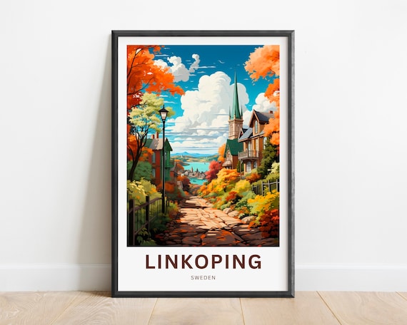 Linkoping Sweden Autumn Street Church Scene Golden Travel Poster