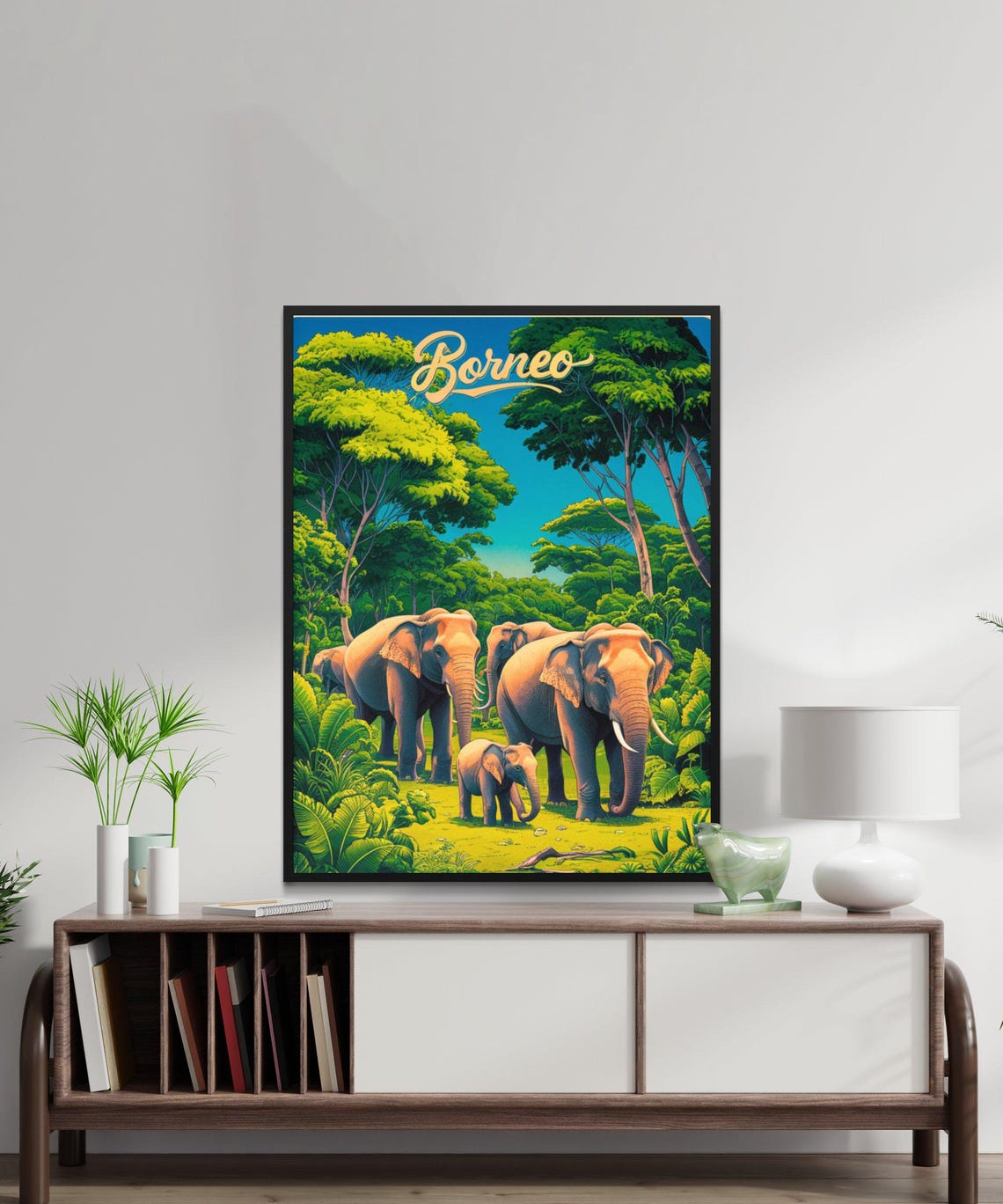 Borneo Malaysia Jungle Elephants Vintage Script Retro Travel Poster - Image 2
