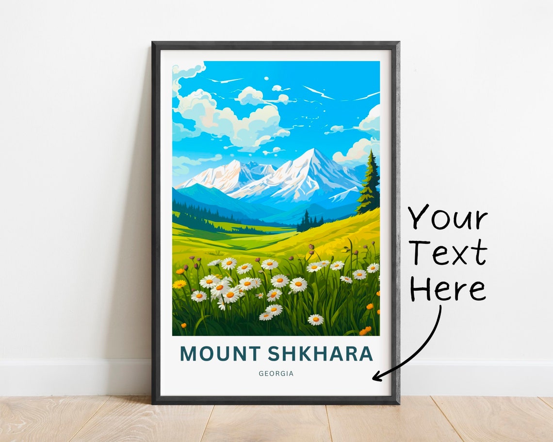 Mount Shkhara Georgia Custom Text Daisy Meadow Peak Travel Poster