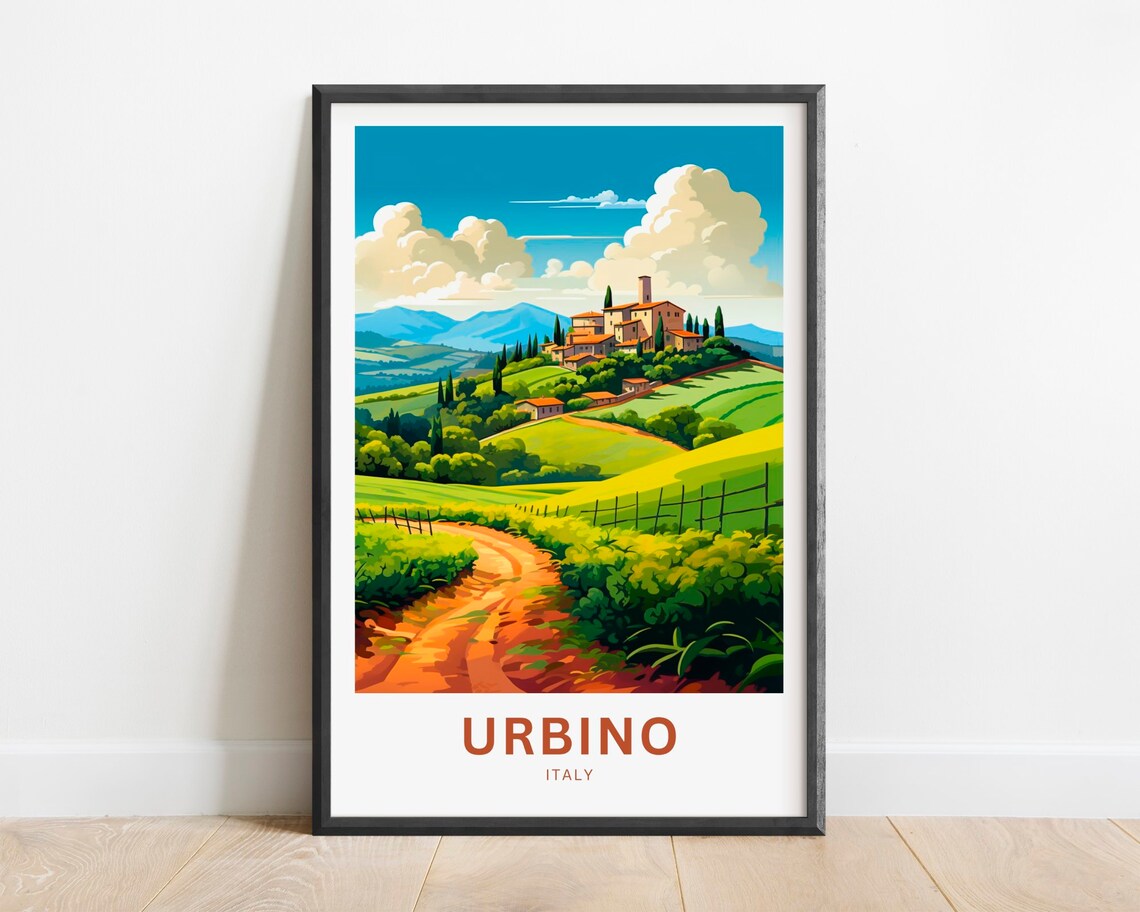 Urbino Italy Tuscan Hill Village with Cypress Trees Travel Poster
