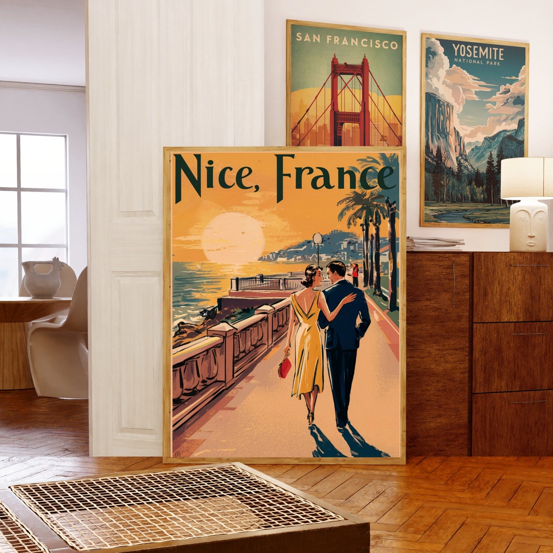 Nice France Retro Sunset Promenade Romantic Strolling Couple Poster - Image 5