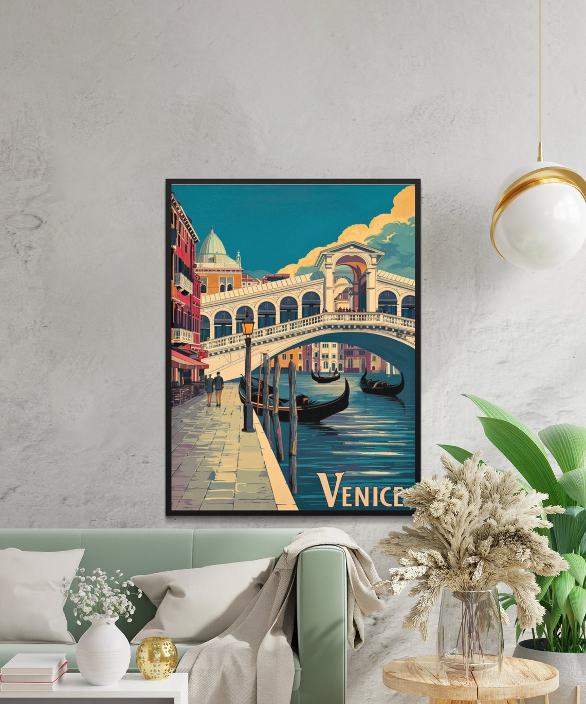 Venice Grand Canal Rialto Bridge Gondolas Evening Retro Travel Poster - Image 2