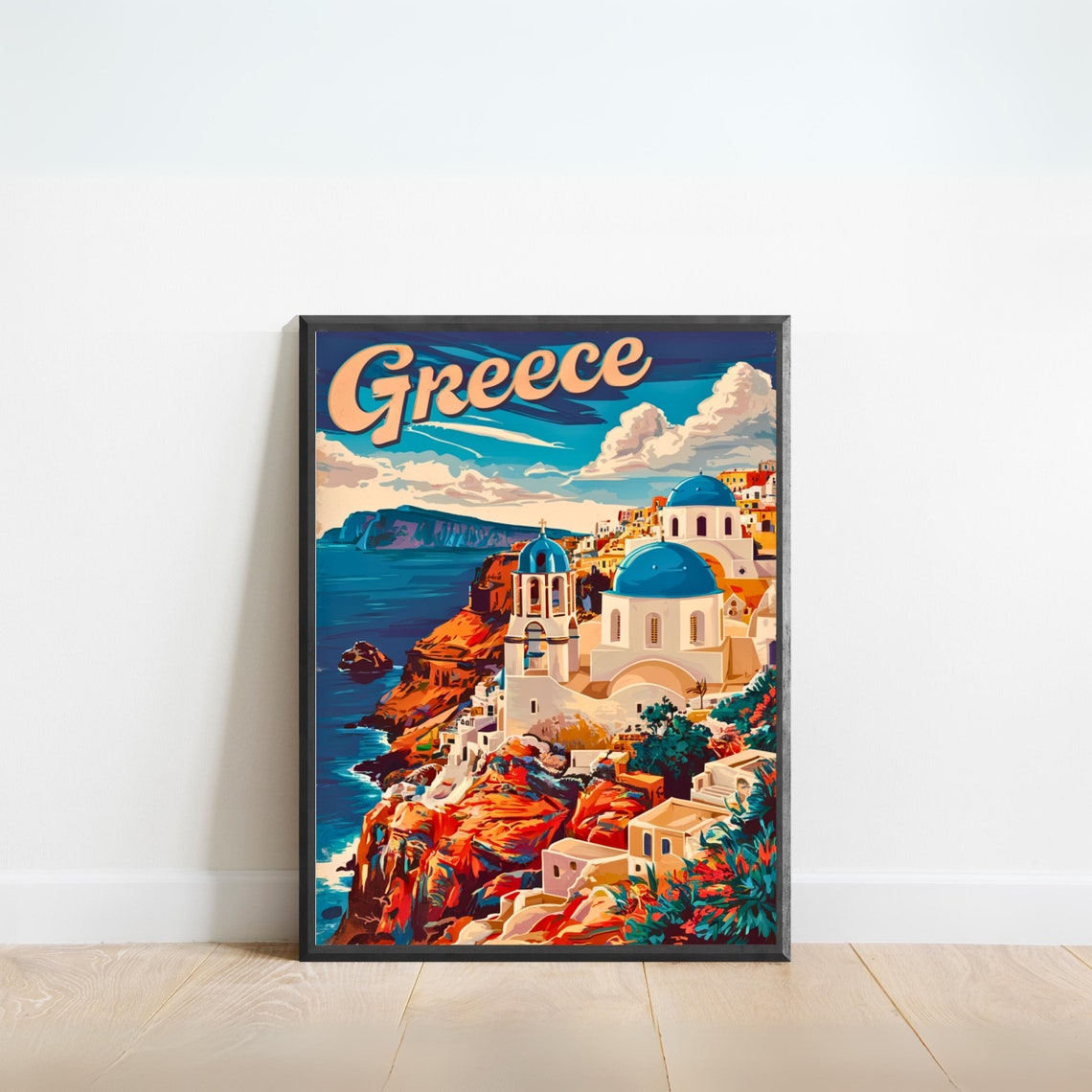Greece Santorini Blue Domed Churches Cliffs Vintage Travel Poster