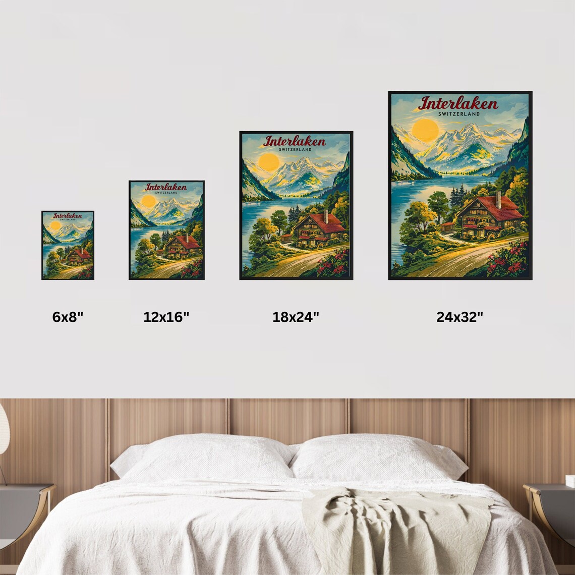 Interlaken Switzerland Mountain Lake Cabin Sunrise Travel Poster - Image 4