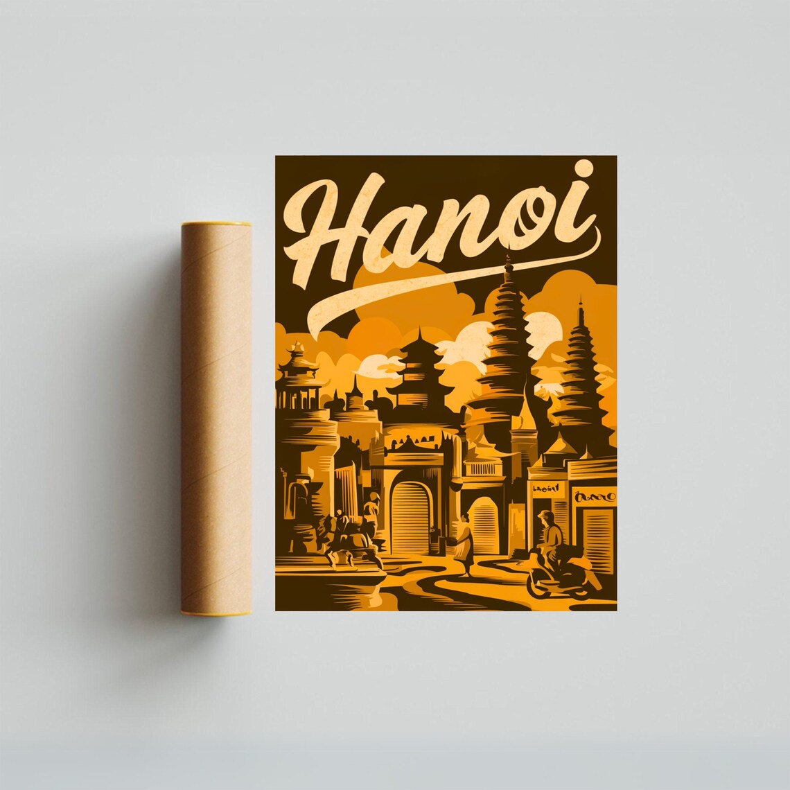 Hanoi Vietnam Vintage Old Pagoda Streets Sepia Travel Poster - Image 4