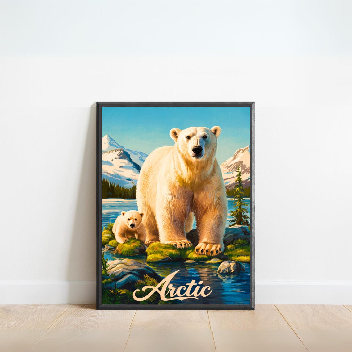 Arctic Polar Bear Cub Riverbank Script Lettering Travel Poster