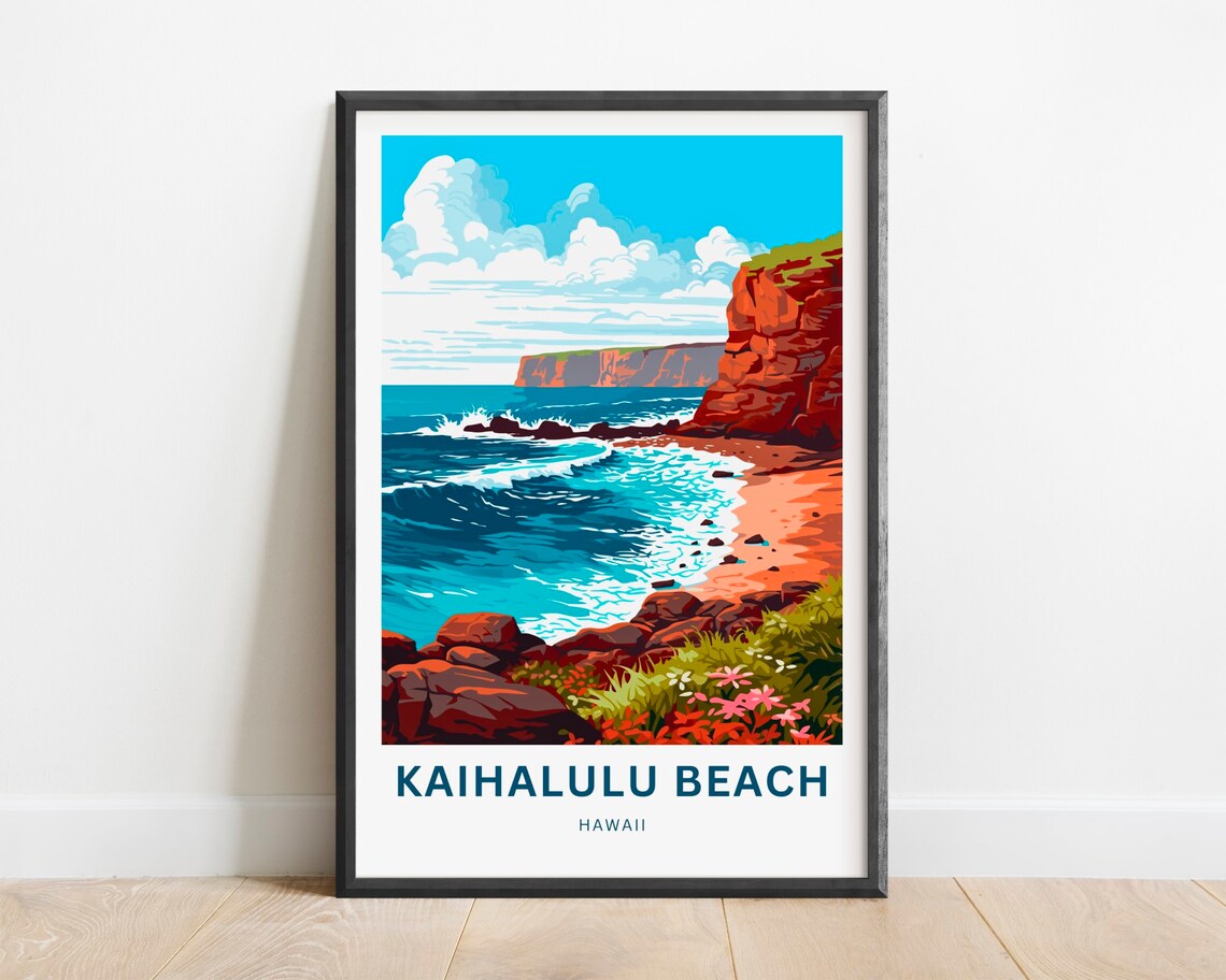 Kaihalulu Beach Hawaii Red Sand Beach Waves Crashing Travel Poster Art