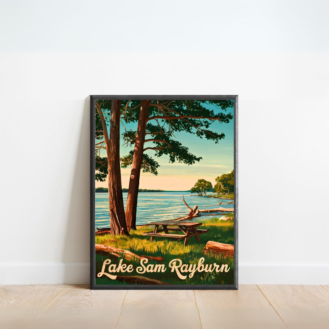 Lake Sam Rayburn Texas Pine Trees Lakeside Picnic Retro Travel Poster