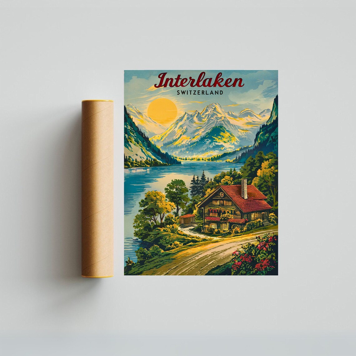 Interlaken Switzerland Mountain Lake Cabin Sunrise Travel Poster - Image 3