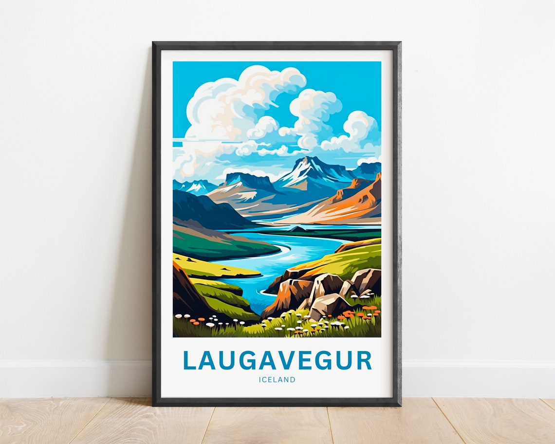 Laugavegur Iceland River Valley Peaks Wildflowers Travel Poster