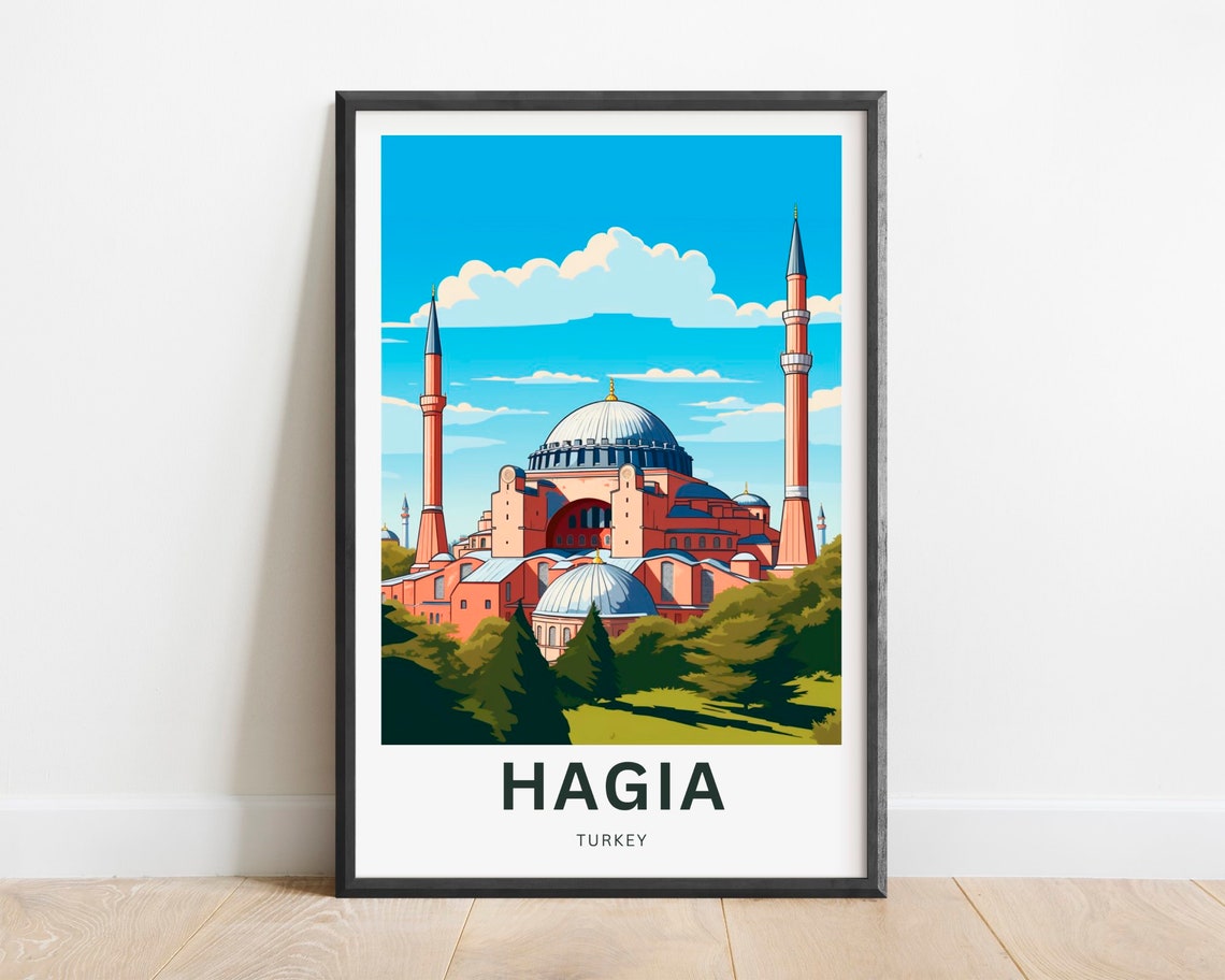Hagia Turkey Landmark Mosque Bright Retro Travel Illustration Poster
