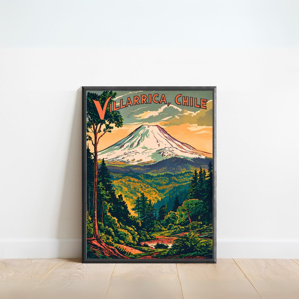 Villarrica Chile Vintage Snow Capped Volcano Forest Travel Poster