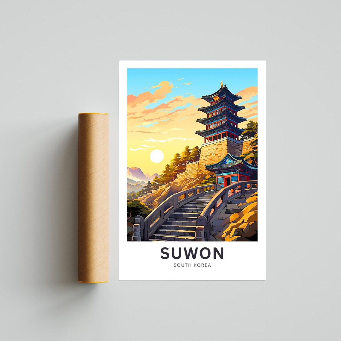 Suwon South Korea Personalized Hilltop Pagoda Sunset Travel Poster - Image 4
