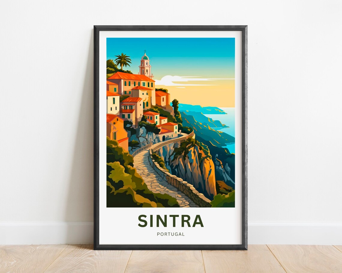 Sintra Portugal Cliffside Village Red Roofs Scenic Coast Travel Poster