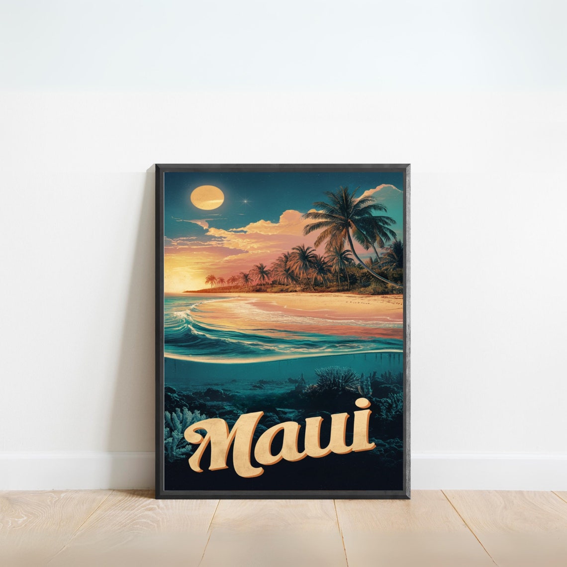 Maui Hawaii Sunset Beach Palms Coral Reef Vintage Retro Travel Poster